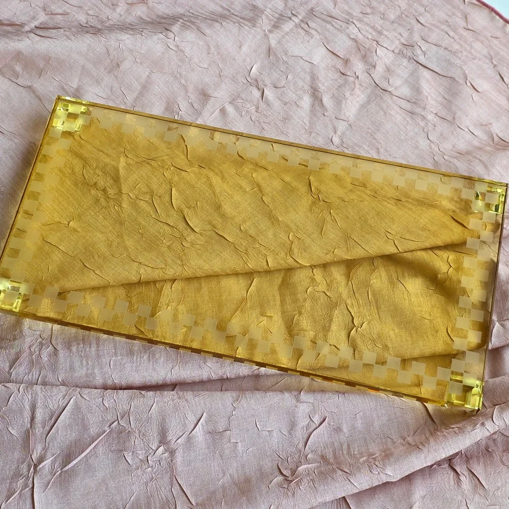 Oleg Cassini yellow glass crystal Vanity dresser Tray Checkerboard trivet Vtg